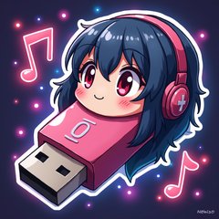 Anime USB stick with expressive eyes amidst colorful lights