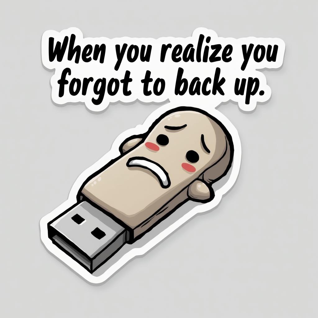 Meme USB stick with sad face and backup text
