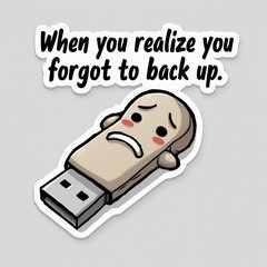 Meme USB stick with sad face and backup text