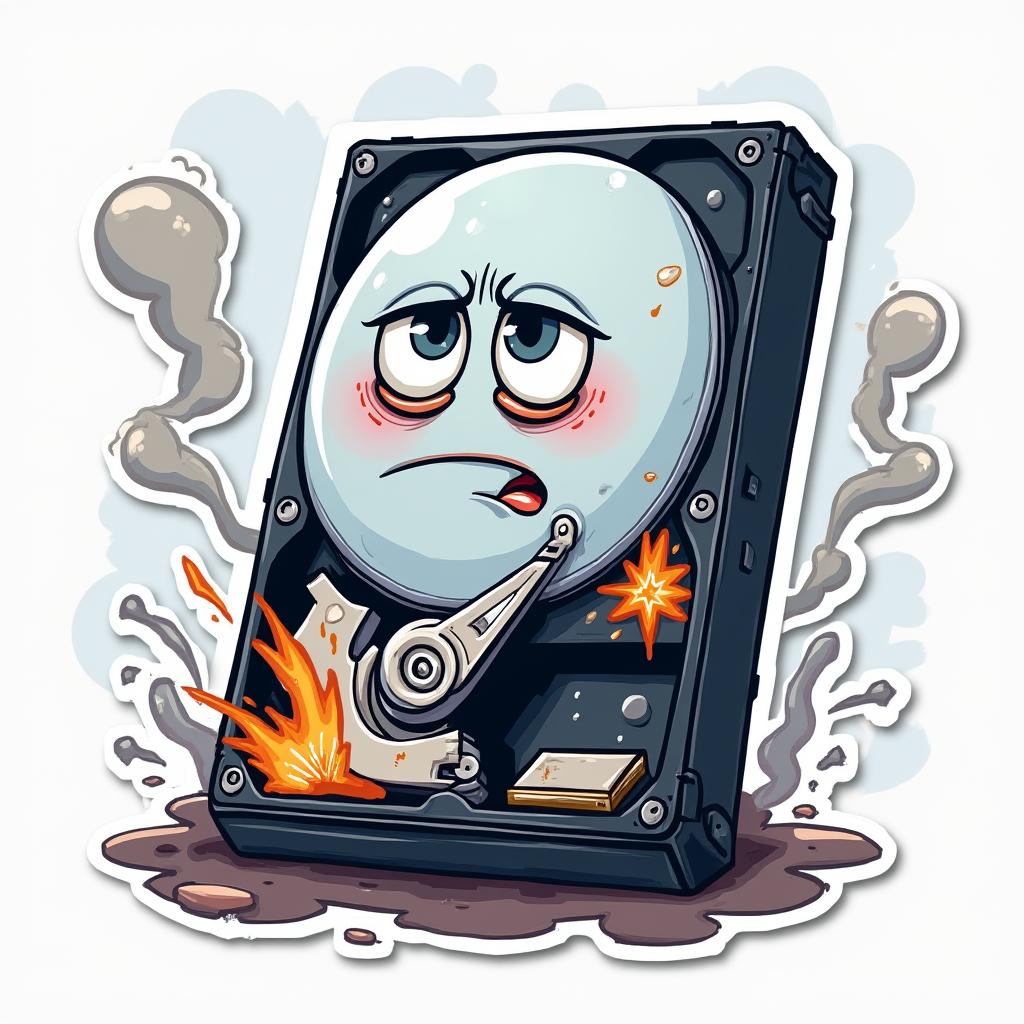 Cartoon hard drive with a distressed expression surrounded by smoke and sparks