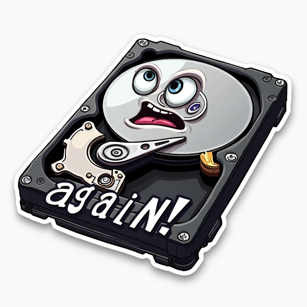 Meme sticker of a shocked hard drive with 'Not again!' text