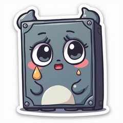 Kawaii hard drive looking nervous with big eyes and a sweat drop