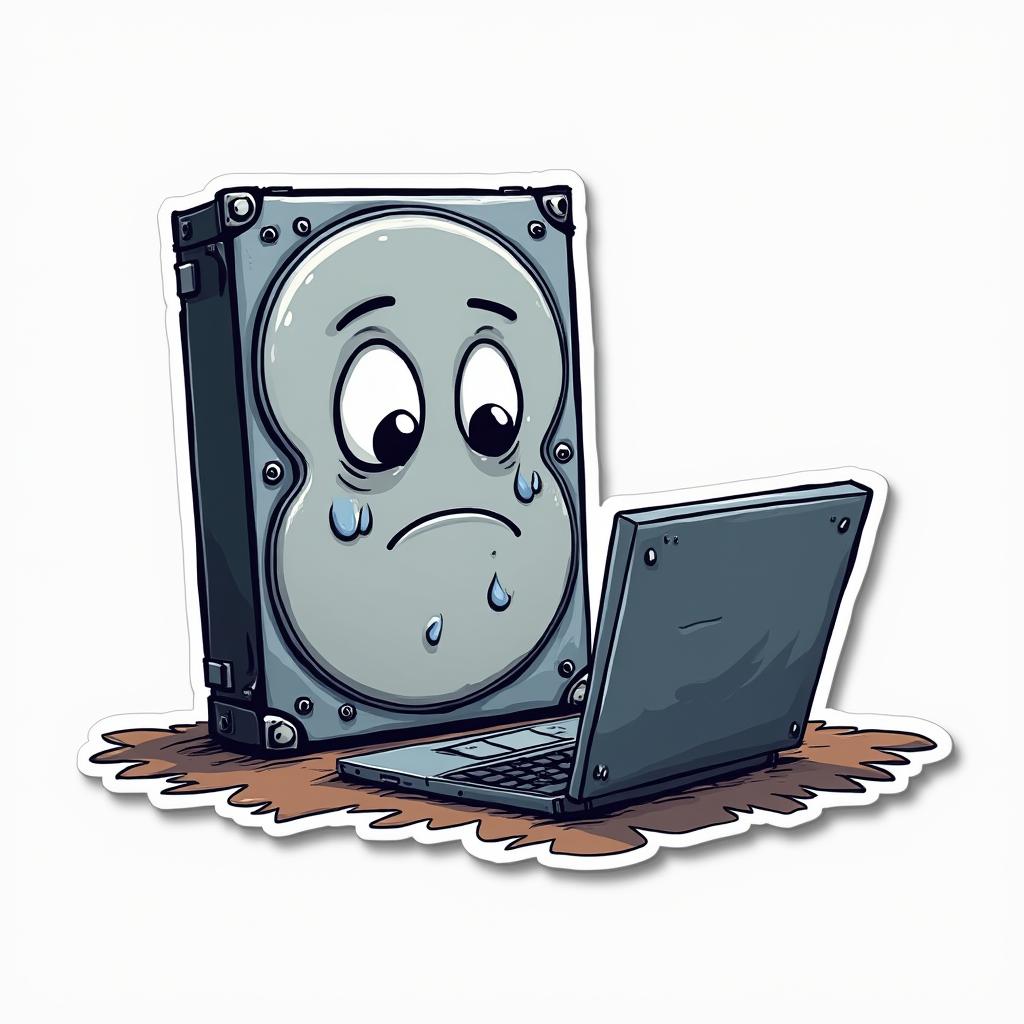 Doodle sticker of a sad hard drive next to a broken computer