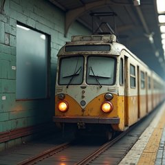 3D rendered tram slumped with sleepy face against a station wall