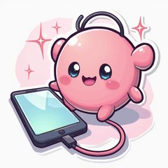 Kawaii charging cable smiling while plugged into a glowing phone
