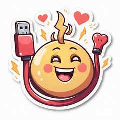 Emoji-style happy charging cable with hearts and lightning bolts