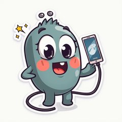 Chibi charging cable character excitedly holding a smartphone