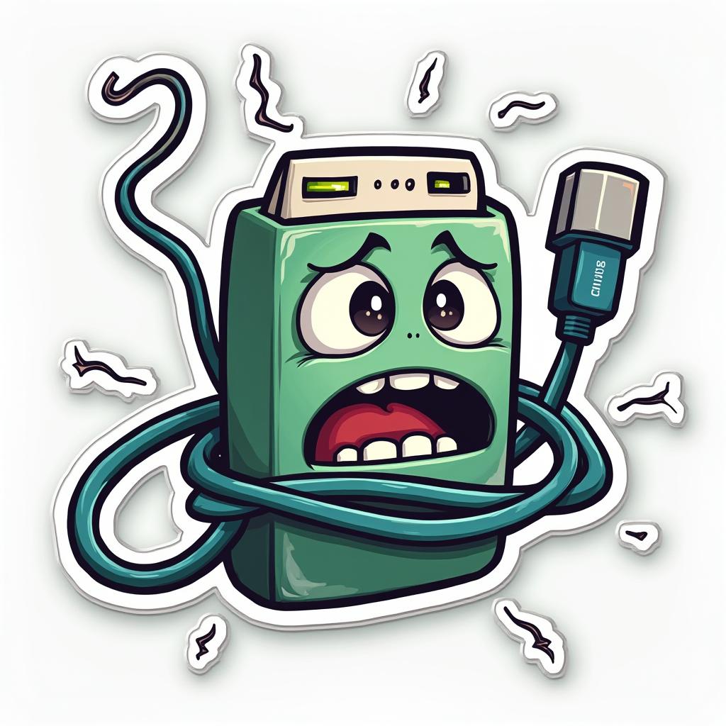Comic book charging cable tangled with an exasperated face
