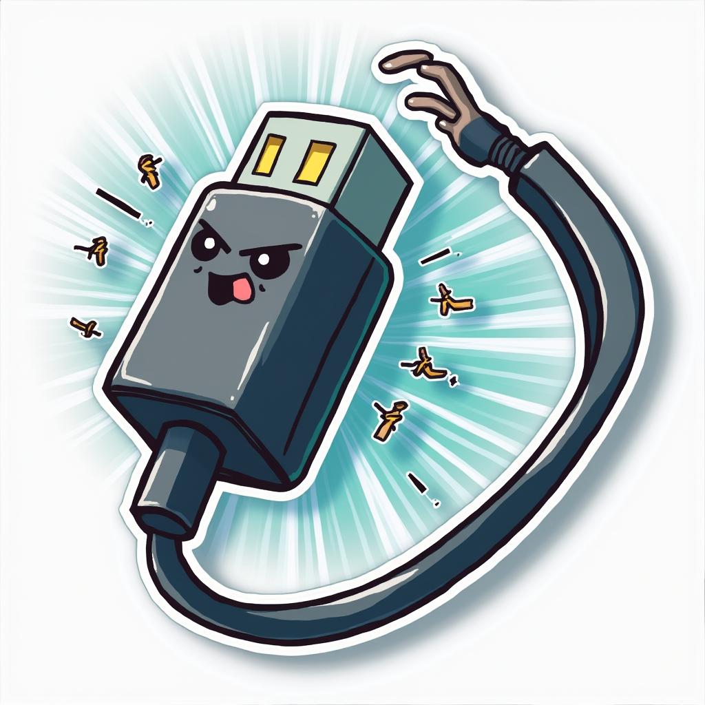 Anime-style charging cable falling over with dramatic expression
