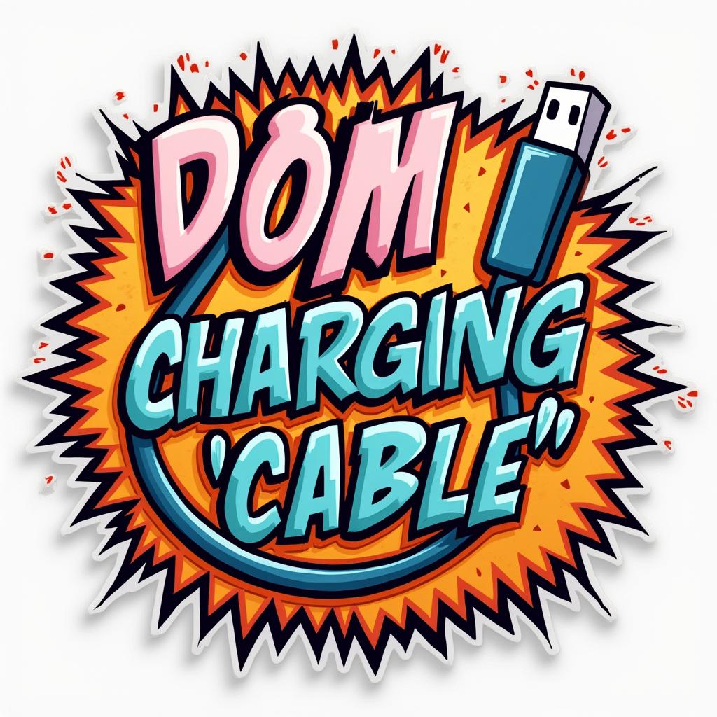 Graffiti-style charging cable with bold colors and frustration text