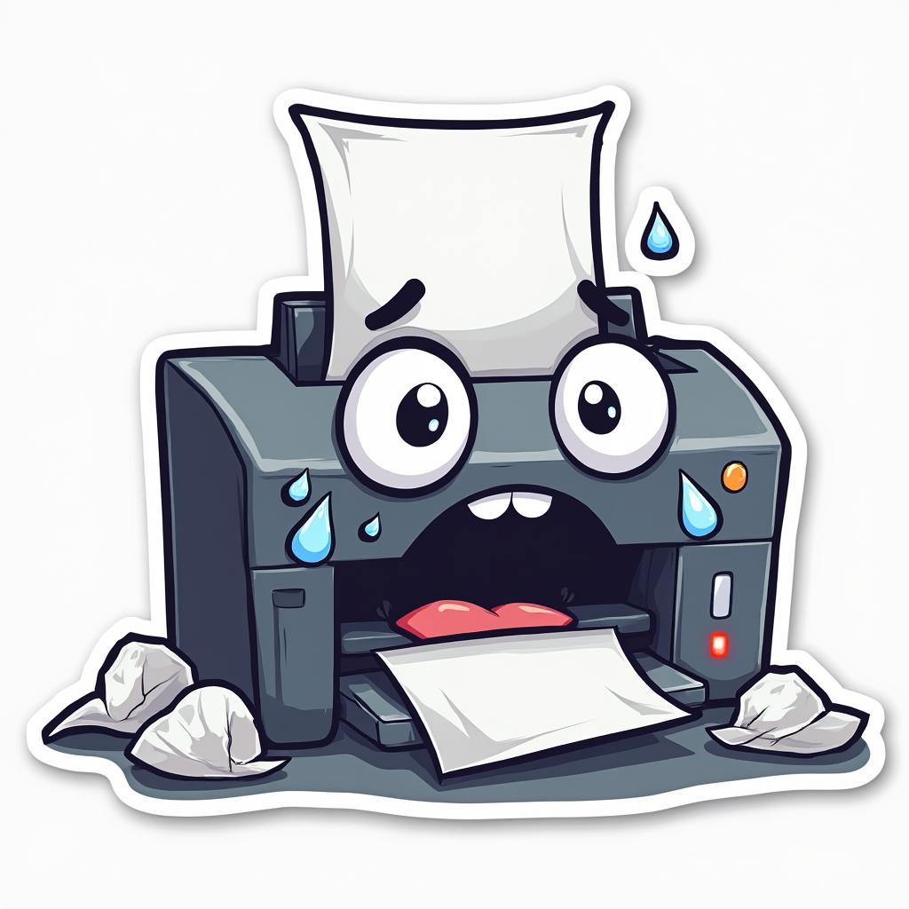 Cartoon printer with paper jam and frustrated expression surrounded by crumpled paper