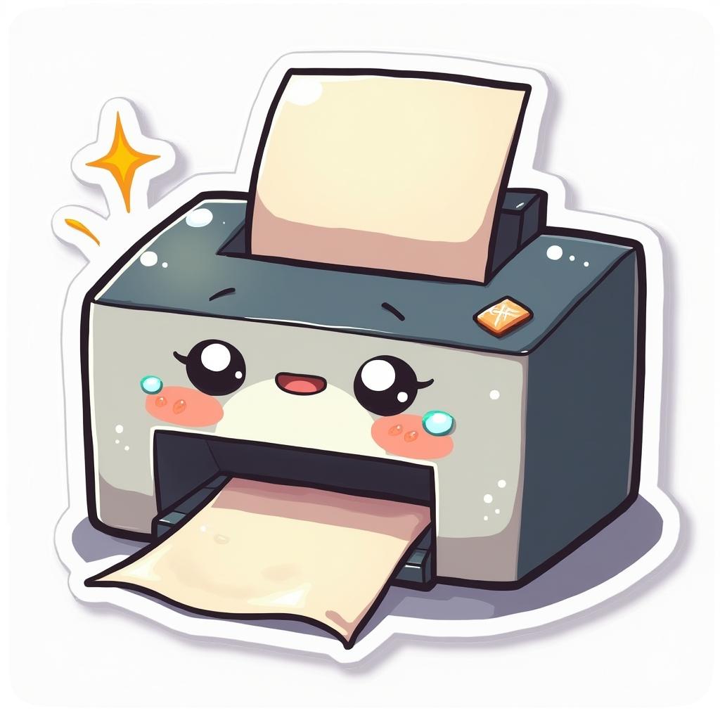 Kawaii printer with big eyes and a sad expression due to paper jam