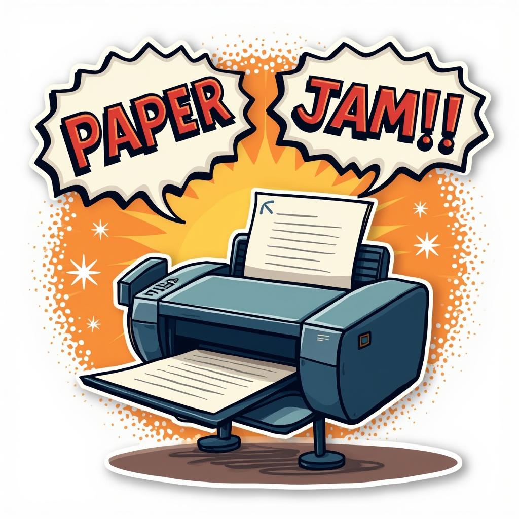 Comic book printer shouting 'Paper Jam!' in dynamic action pose