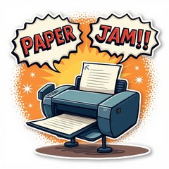Comic book printer shouting 'Paper Jam!' in dynamic action pose