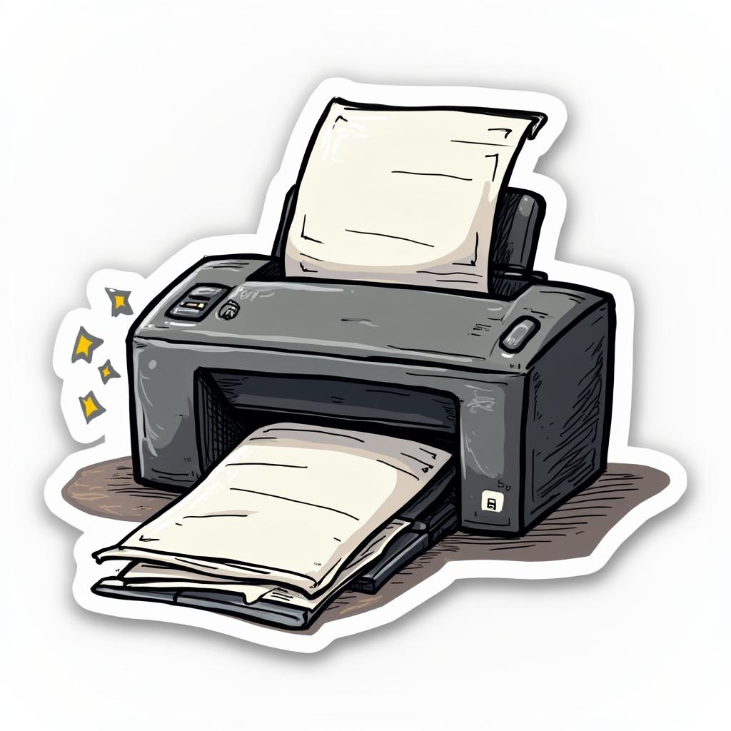 Doodle-style printer with exaggerated features and a paper jam
