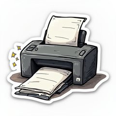 Doodle-style printer with exaggerated features and a paper jam