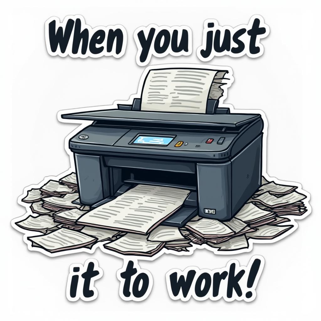 Meme-style frustrated printer with crumpled papers and caption 'When you just need it to work!'