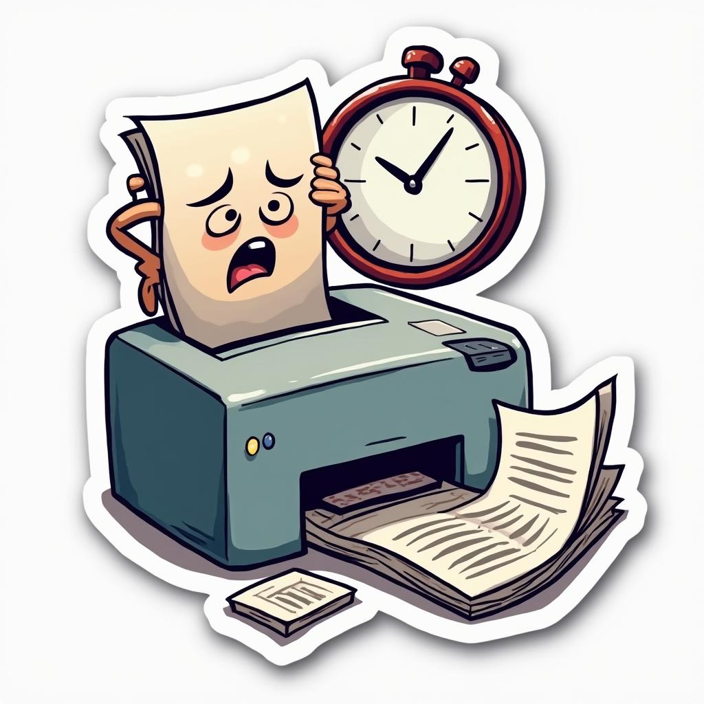 Cartoon printer with distressed face surrounded by papers and a clock