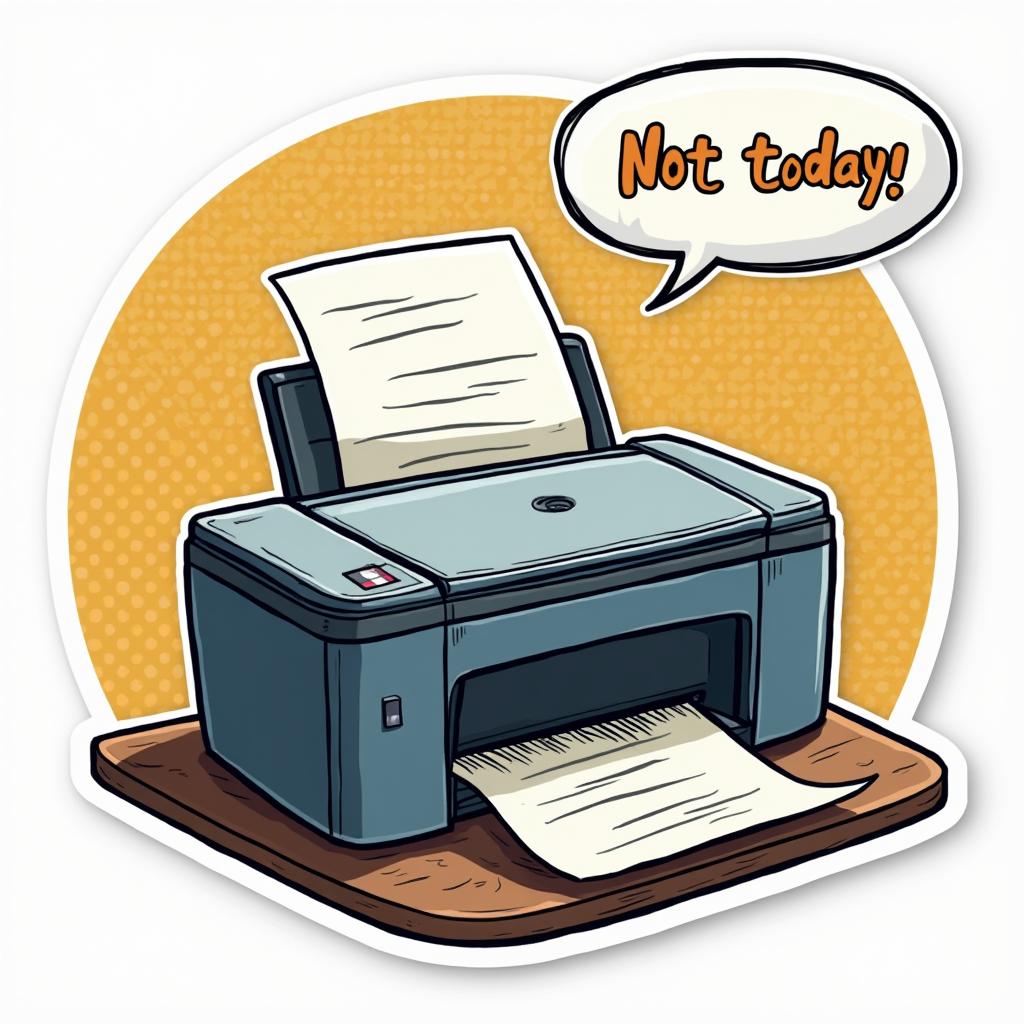 Comic book printer battling paper jam with 'Not today, jam!' speech bubble