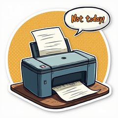 Comic book printer battling paper jam with 'Not today, jam!' speech bubble
