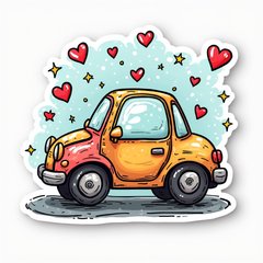 Doodle of a colorful car with hearts and stars, symbolizing road fun