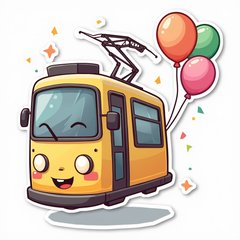 Chibi tram bouncing joyfully surrounded by balloons and confetti
