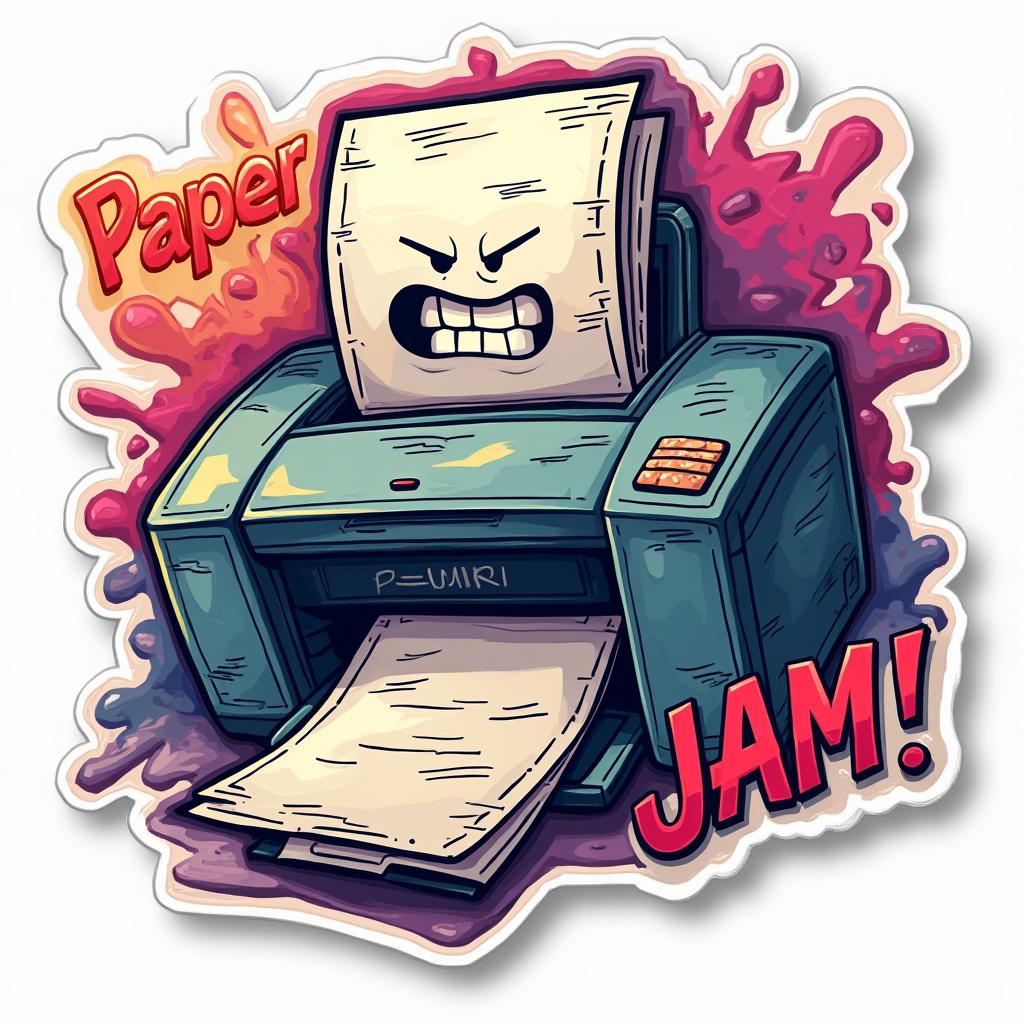 Graffiti-style printer with angry face and 'Paper Jam!' spray-painted around