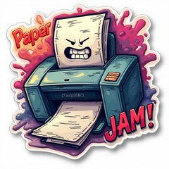 Graffiti-style printer with angry face and 'Paper Jam!' spray-painted around