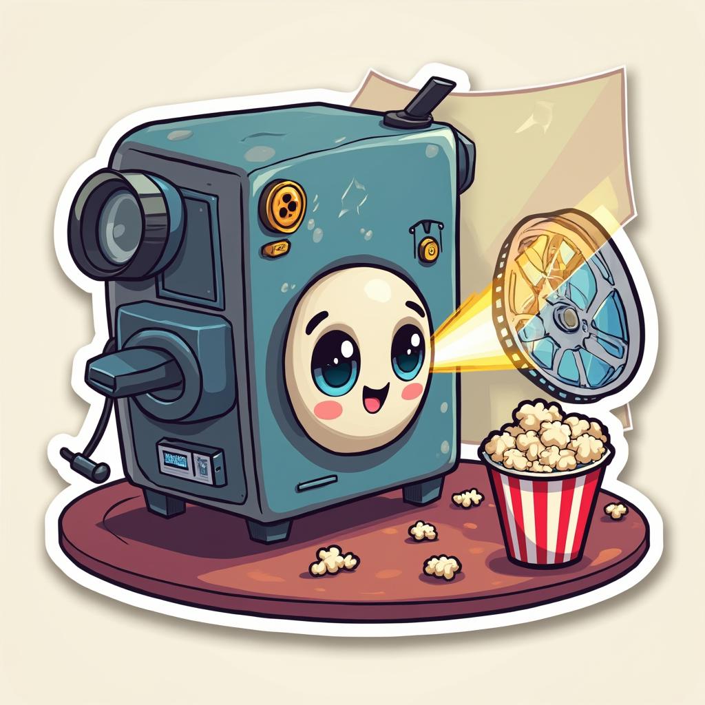 Kawaii projector with big eyes projecting film, surrounded by popcorn and soda