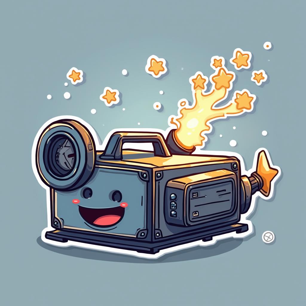 Emoji-style projector with a happy face and light beam with stars