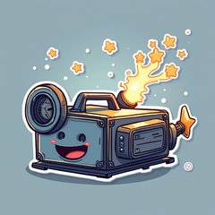 Emoji-style projector with a happy face and light beam with stars