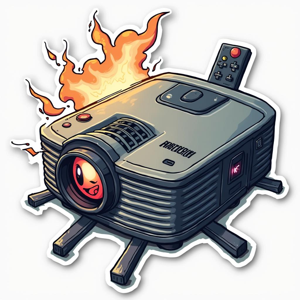 Meme projector with a funny face projecting an epic gaming scene