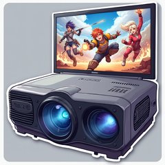 Anime projector with shiny eyes projecting a vibrant gaming scene