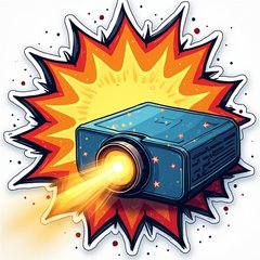 Comic book projector projecting bright tech-themed graphics