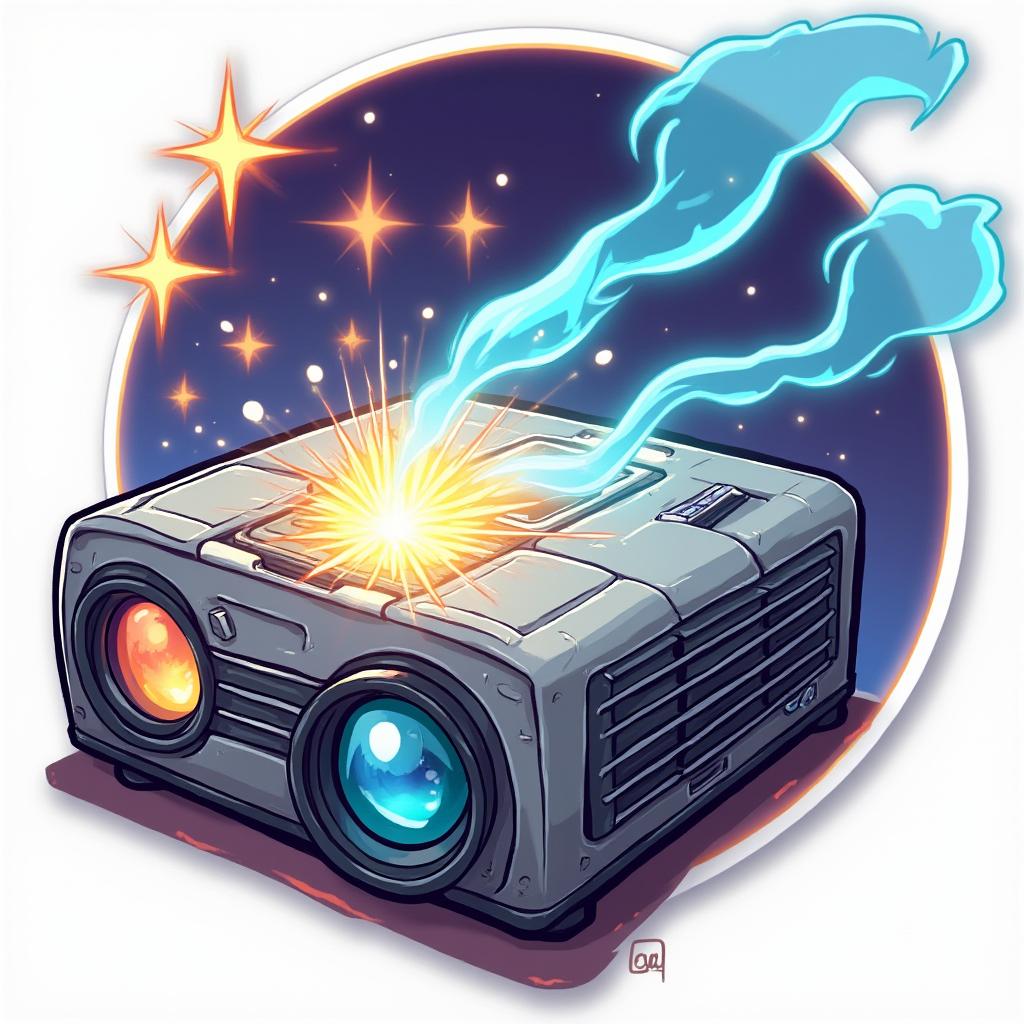 Anime projector with confident expression projecting animated tech visuals