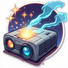 Anime projector with confident expression projecting animated tech visuals