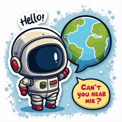 Comic book satellite talking to Earth with speech bubbles