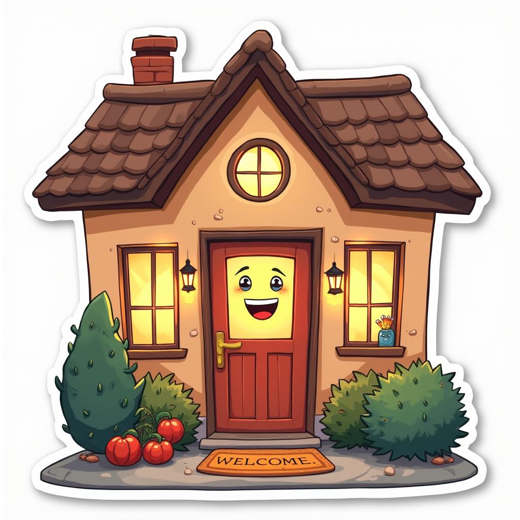 Cartoon smart home with smiling face and glowing windows