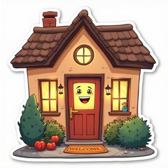 Cartoon smart home with smiling face and glowing windows