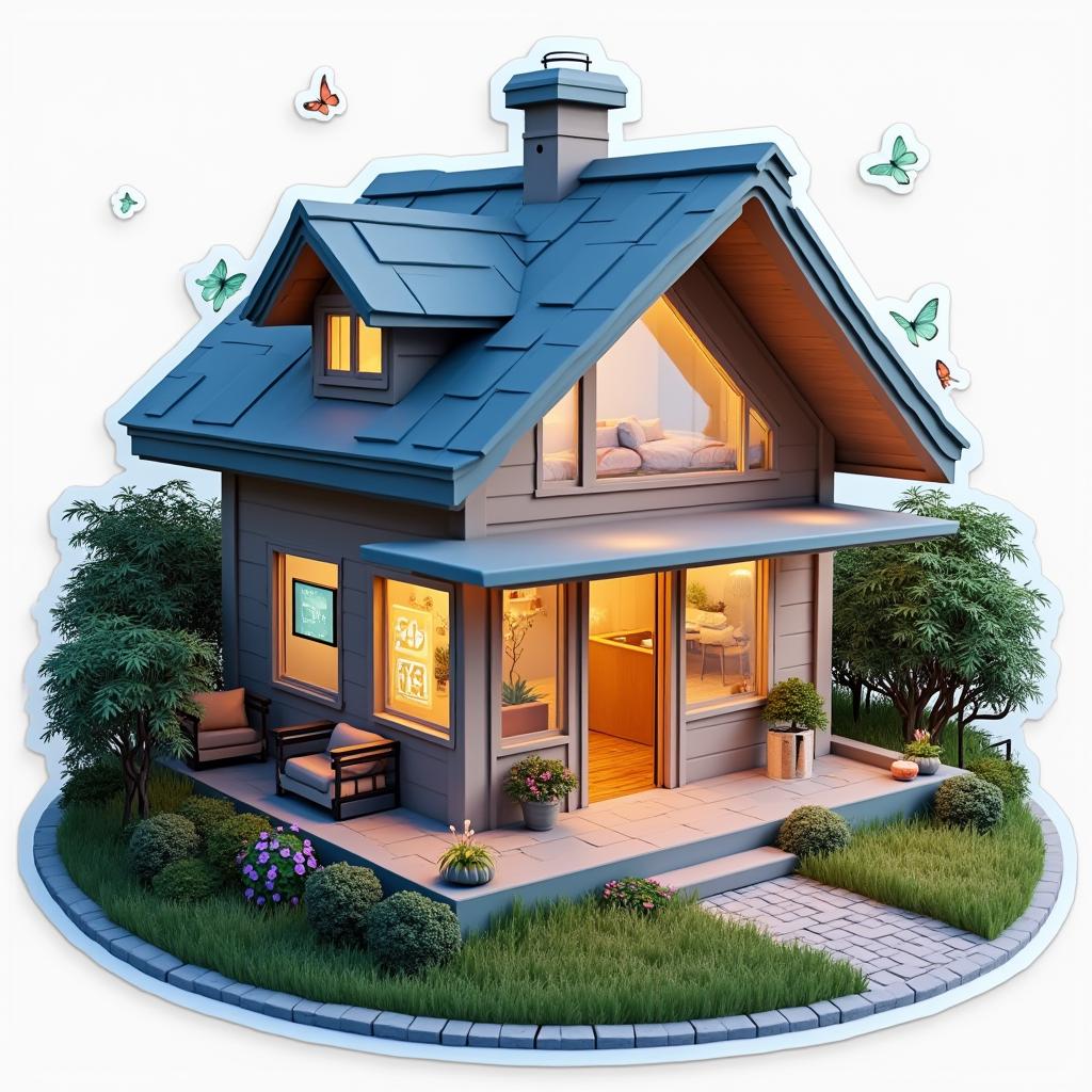 3D rendered modern smart home with glowing features and garden
