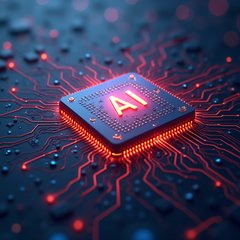 3D rendered glowing AI chip with animated circuits and sparks
