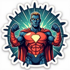 Pop culture AI chip styled as superhero flexing muscles