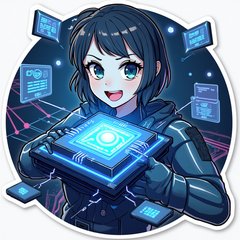 Anime-style AI chip with holographic screens and confident look