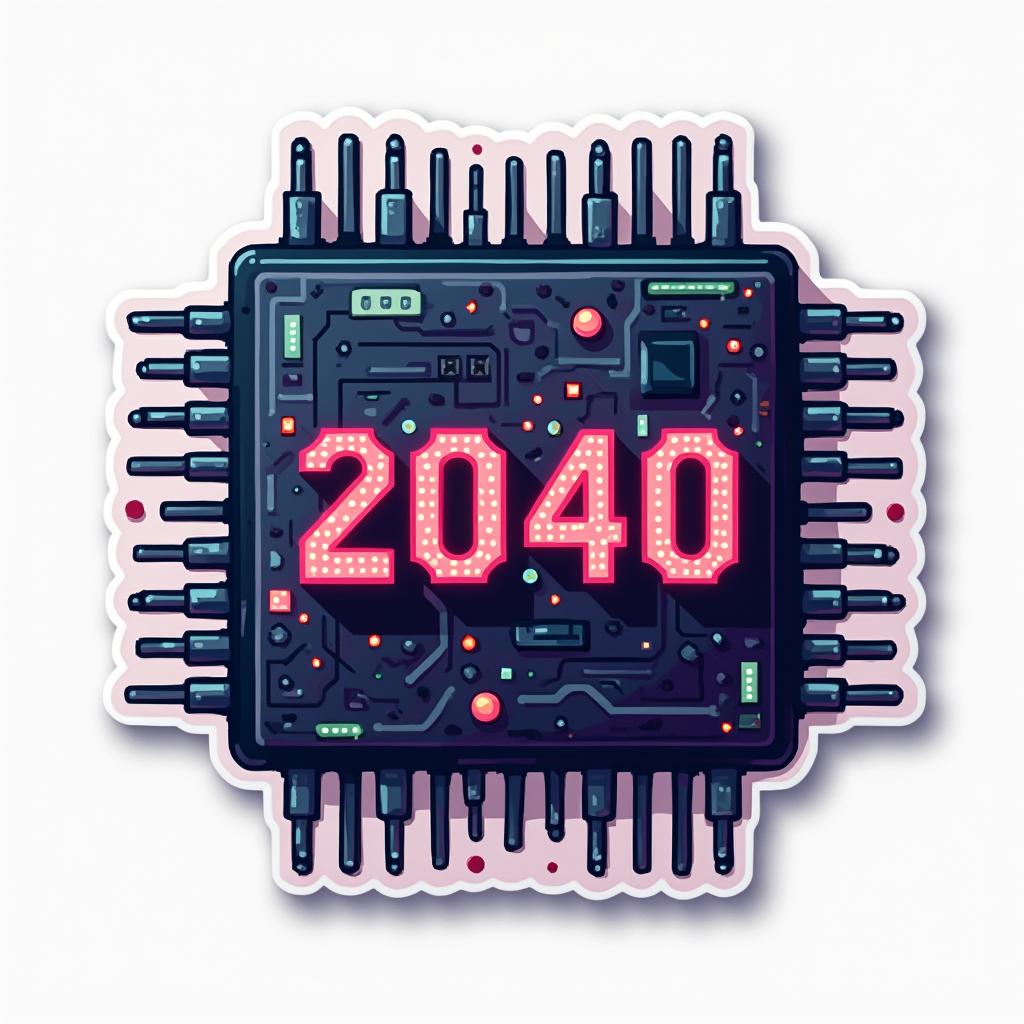 Pixel art AI chip with digital clock showing year 2040