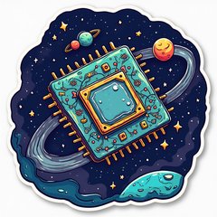 Doodle AI chip flying through a galaxy with stars and planets