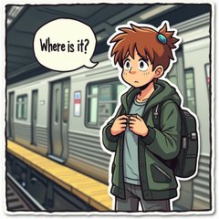 Meme-style character frustrated waiting for the subway with a watch