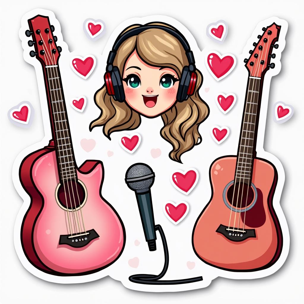 Emoji-style collection of Taylor Swift fan items like a guitar and signs