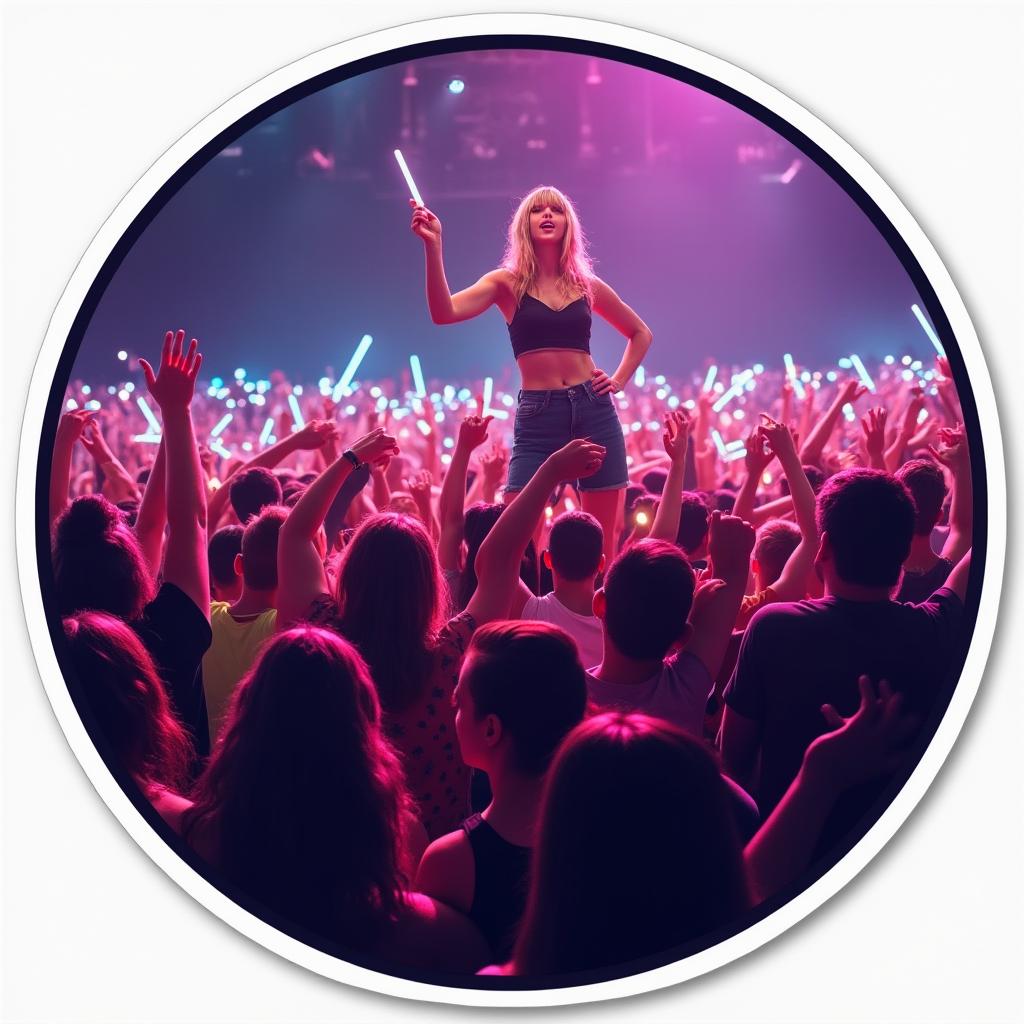 Pop culture sticker of fans at a concert waving glow sticks while Taylor Swift performs