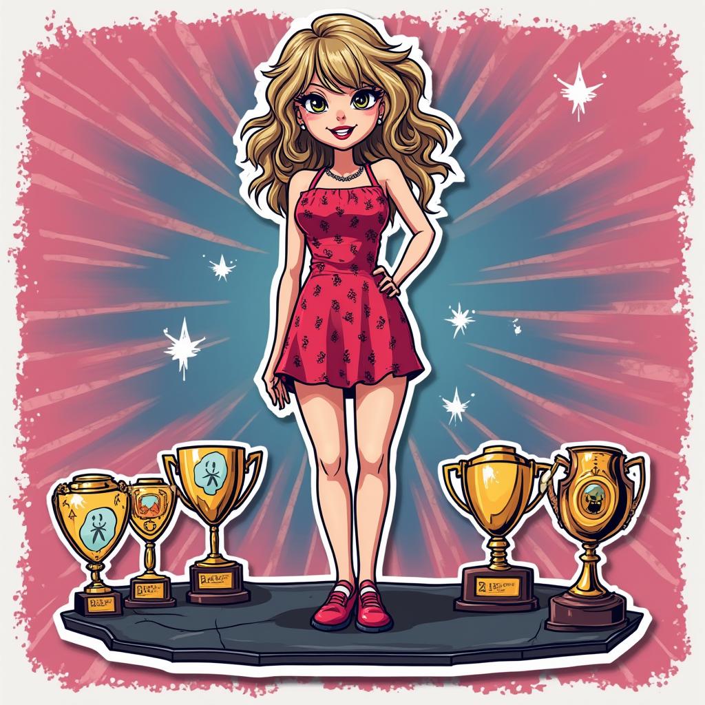 Comic book-style Taylor Swift triumphantly standing on stage with trophies