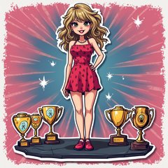 Comic book-style Taylor Swift triumphantly standing on stage with trophies